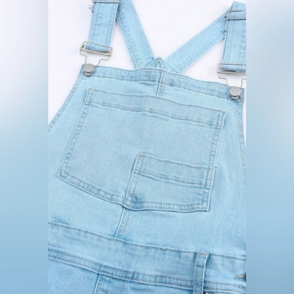 Women's Light Blue Distressed Denim Overalls - Picture 13 of 16
